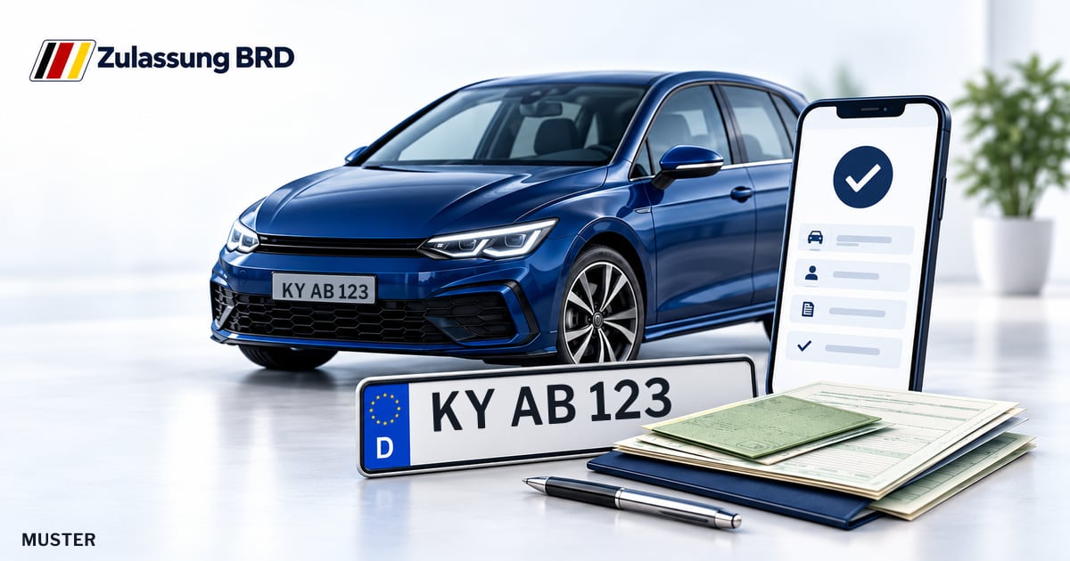 Online Fahrzeugzulassung in Wittstock/Dosse: Musterkennzeichen KY AB 123, Auto und Fahrzeugpapiere und Smartphone. Illustration mit Logo von Zulassung BRD.